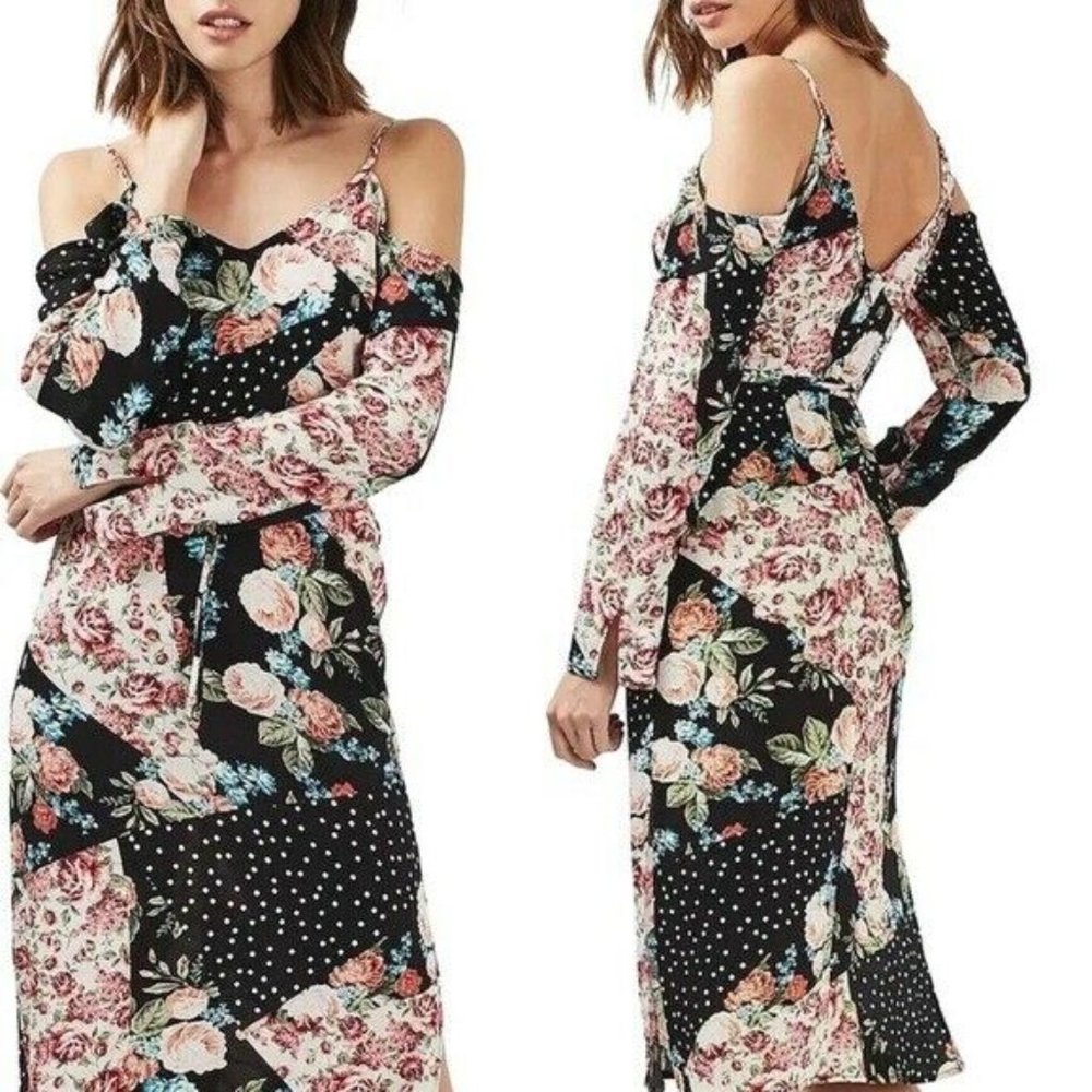 TOPSHOP Cold Shoulder Rose Polka Dot Dress